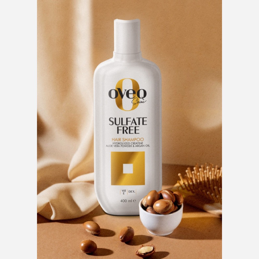 شامپو موی سر بدون سولفات اُوِک شاین (Oveq Shine) حاوی کراتین هیدرولیز شده، پودر آلوئه‌ورا و روغن آرگان حجم ۴۰۰ میلی‌لیتر
