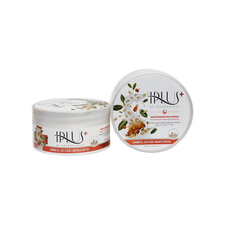 کرم شیر آبرسان و مرطوبکننده دست و صورت آی پلاس (IPLUS) حاوی روغن بادام و عصاره جو دوسر مخصوص انواع پوست وزن ۲۰۰ گرم