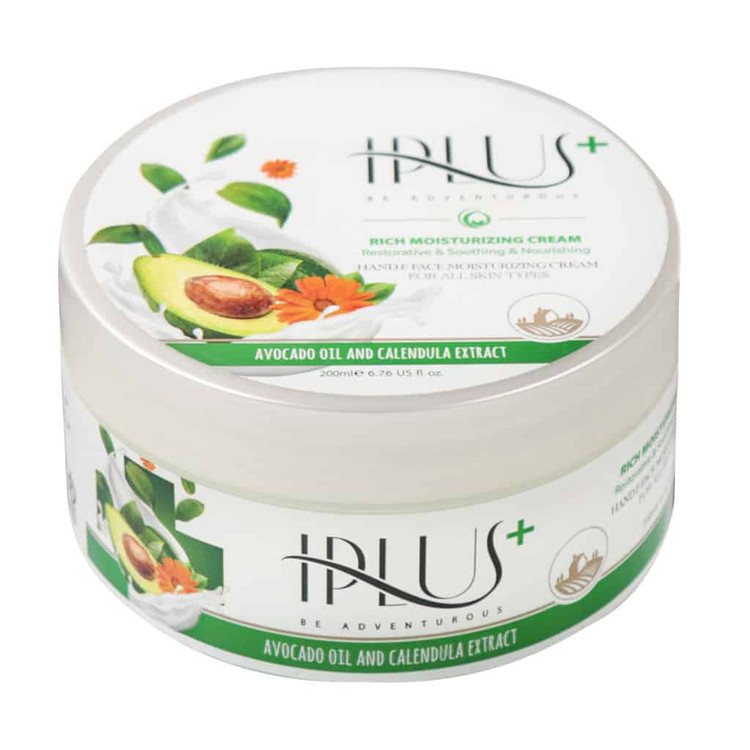 کرم آبرسان و مرطوبکننده قوی دست و صورت آی پلاس (IPLUS) حاوی روغن آووکادو و عصاره کالاندولا مخصوص انواع پوست وزن ۲۰۰ گرم