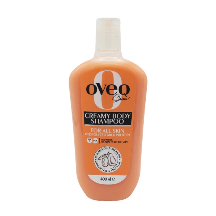 شامپو بدن کرمی اُوِک شاین (Oveq Shine) مناسب انواع پوست حاوی پروتئین شیر، روغن آرگان و آووکادو حجم ۴۰۰ میلیلیتر (رنگ هلویی)