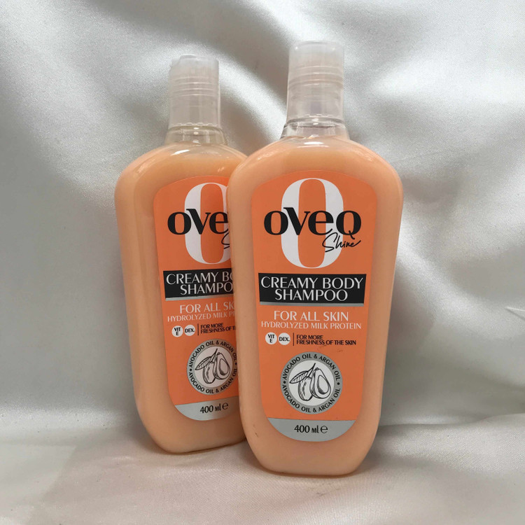 شامپو بدن کرمی اُوِک شاین (Oveq Shine) مناسب انواع پوست حاوی پروتئین شیر، روغن آرگان و آووکادو حجم ۴۰۰ میلیلیتر (رنگ هلویی)